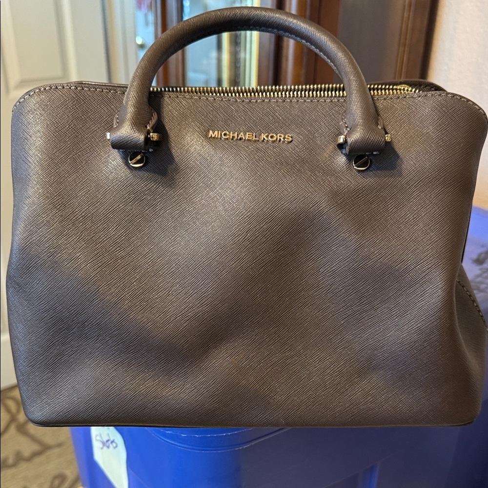 Michael Kors Brown Saffiano Satchel with Gold Logo
